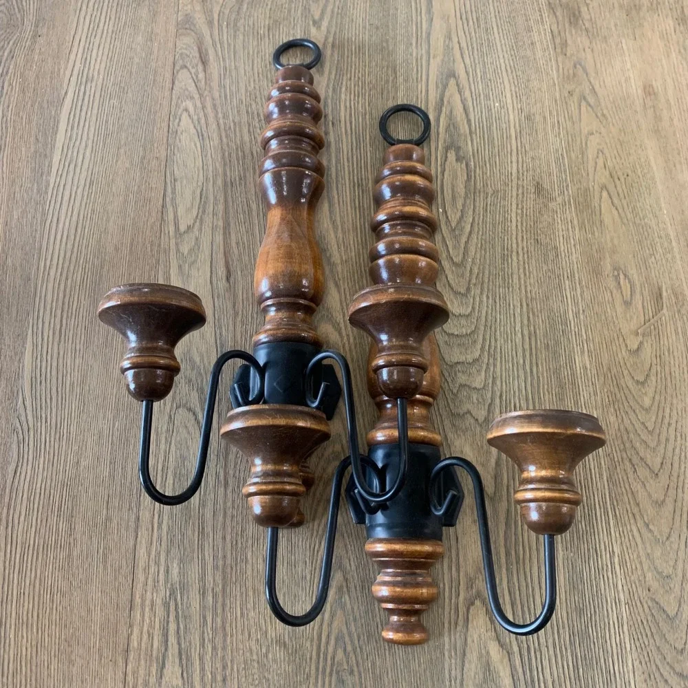 Vintage Wood Spindle Wall Sconce Set 2 Black Metal Arms Colonial Farmhouse